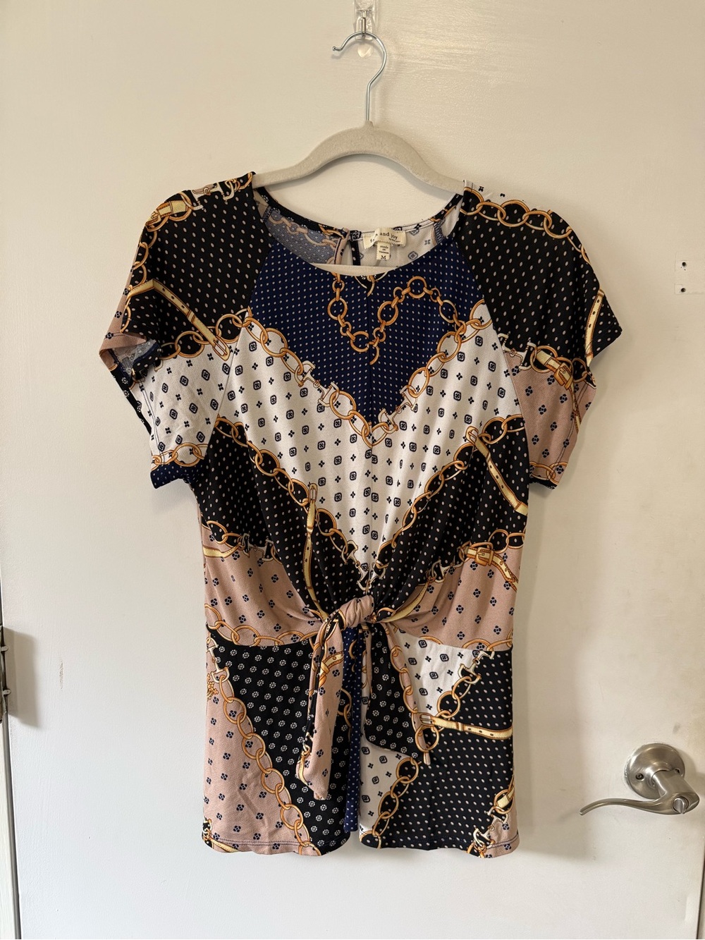 Faith and Joy Chain & Dot Tie-Front Blouse Black, Navy & Cream - Size M